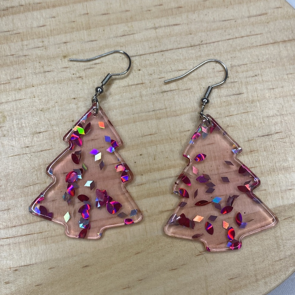 Pink Decorated Christmas‎ Tree Dangle Drop Earrings Festive Holiday Merry 1.5in